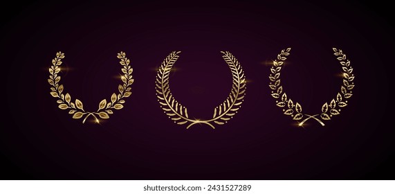 Glaring golden laurel wreaths realistic vector illustration set. Premium rewards for champion 3d models on dark background. Honour sign