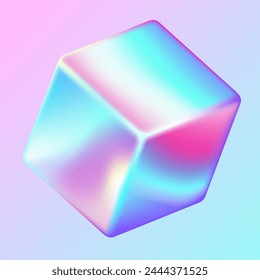 Cubo holográfico de Ilustración vectorial realista. Diseño de moda de forma geométrica cúbica iridiscente. Objeto 3D metálico sobre fondo púrpura