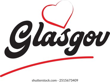 Glasgov city text design with red heart typographic icon design suitable for touristic promotion
