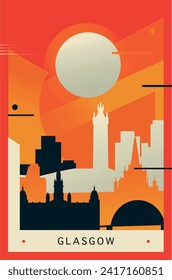 Glasgow city brutalism poster with abstract skyline, cityscape retro vector illustration. Scotland UK cool travel guide cover, brochure, flyer, leaflet, business presentation template image