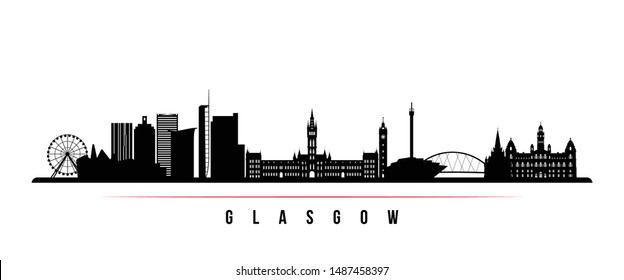 Glasgow City skyline horizontal banner. Black and white silhouette of Glasgow City, Scotland. Vector template for your design. 