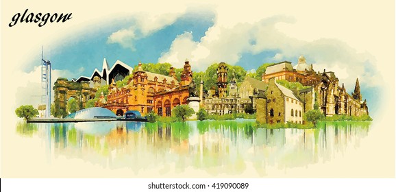 GLASGOW city water color panoramic vector illustration