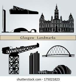 Glasgow Landmarks and monuments isolated on blue background in editable vector file