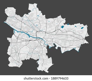 Glasgow-Karte. Detaillierte Karte der Stadtverwaltung von Glasgow. Stadtlandpanorama. Lizenzfreie Vektorgrafik. Übersicht mit Autobahnen, Straßen, Flüssen. Touristisch dekorative Straßenkarte.Detaillierte Angaben 