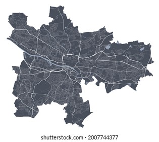 Glasgow map. Detailed vector map of Glasgow city administrative area. Cityscape poster metropolitan aria view. Dark land with white streets, roads and avenues. White background.