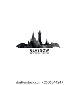 Panorama de Glasgow, insignia de Vector, logotipo e ícono del horizonte. Logotipo del horizonte de la ciudad capital del Reino Unido, Escocia con Lugares famosos y siluetas de construcción. Gráfico de gradiente abstracto brumoso aislado