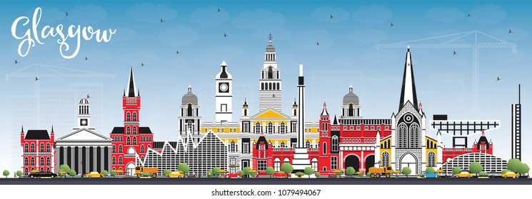 Glasgow Scotland City Skyline with Color Buildings and Blue Sky. Vector Illustration. Business Travel and Tourism Concept with Historic Architecture. Glasgow Cityscape with Landmarks.