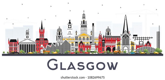 Glasgow Scotland City Skyline with Color Buildings Isolated on White. Vector Illustration. Business Travel and Tourism Concept with Historic Architecture. Glasgow Cityscape with Landmarks.