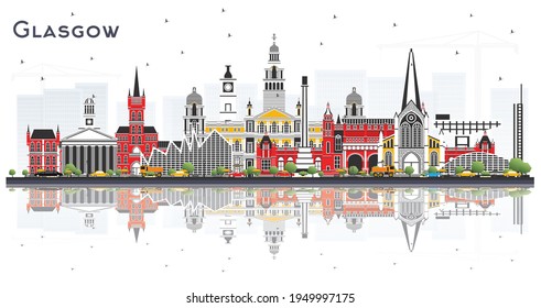 Glasgow Scotland City Skyline with Color Buildings and Reflections Isolated on White. Vector Illustration. Travel and Tourism Concept with Historic Architecture. Glasgow Cityscape with Landmarks.