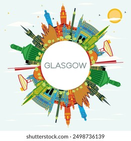 Skyline de la ciudad de Glasgow Escocia con edificios de color, cielo azul y Espacio para texto. Ilustración vectorial. Concepto de viajes de negocios y turismo con arquitectura histórica. Paisaje urbano de Glasgow con Lugares famosos.