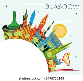 Skyline de la ciudad de Glasgow Escocia con edificios de color, cielo azul y Espacio para texto. Ilustración vectorial. Concepto de viajes de negocios y turismo con arquitectura histórica. Paisaje urbano de Glasgow con Lugares famosos.