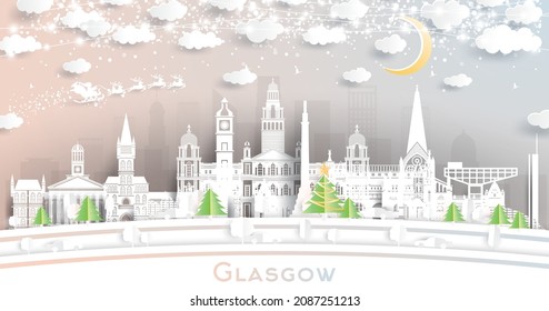 Glasgow Scotland City Skyline in Paper Cut Style mit Schneeflocken, Moon und Neon Garland. Vektorgrafik. Weihnachts- und Neujahrskonzept. Der Weihnachtsmann auf Schlitten. Glasgow City mit Wahrzeichen.