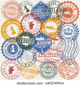 Glasgow Scotland Set of Stamps. Travel Stamp. Made In Product. Design Seals Old Style Insignia.