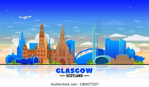 Glasgow Scotland (UK) skyline with panorama at sky background. Vector Illustration. Business travel and tourism concept with modern buildings. Image for banner or web site.