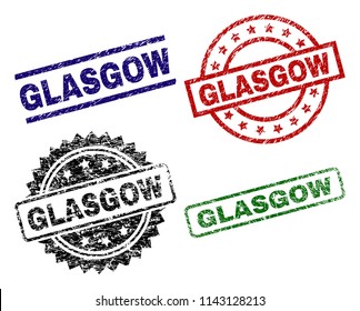GLASGOW seal prints with damaged surface. Black, green,red,blue vector rubber prints of GLASGOW title with grunge surface. Rubber seals with circle, rectangle, medal shapes.