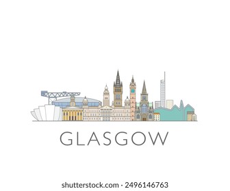 Glasgow skyline cityscape line art style vector illustration in colour