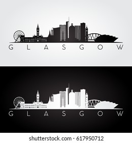 Glasgow Skyline und Wahrzeichen Silhouette, Schwarz-Weiß-Design, Vektorgrafik.