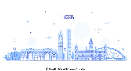 Glasgow skyline, Scotland, UK. This vector illustration represents the city with its most notable buildings. Vector is fully editable, every object is holistic and movable