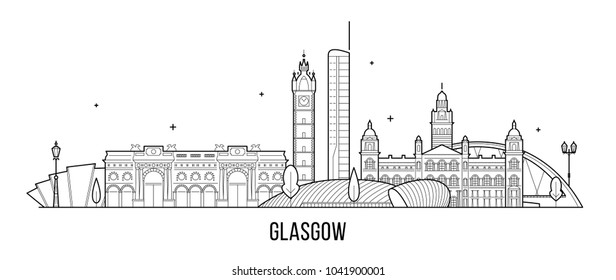 Glasgow skyline, Schottland, Vereinigtes Königreich. Diese Vektorgrafik stellt die Stadt mit ihren bemerkenswertesten Gebäuden dar. Vektorgrafik ist vollständig editierbar, jedes Objekt ist holistisch und beweglich