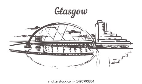 Glasgow skyline sketch. Glasgow, Clyde Arc bridge hand drawn illustration isolated on white background.