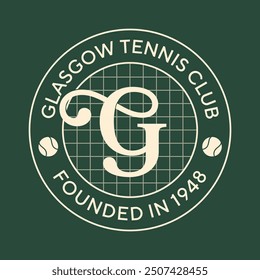 Glasgow Tennis Club logo. Vintage print for t-shirt. Trendy Hipster design. Vector illustration