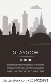 Glasgow UK city template for website, presentation, front page, invitation, publication sheet with skyline, landmarks. Vector Scotland, United Kingdom image layout, simple and grayscale