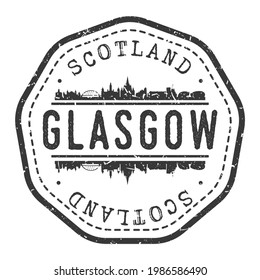 Glasgow, UK Stamp Skyline Postmark. Pasaporte postal de Silhouette. Icono de vector de redondeo de ciudad. Diseño de rehenes vintage.