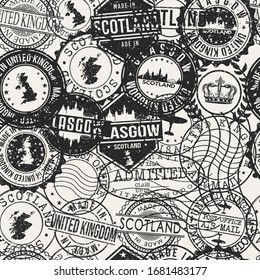 Glasgow, UK Stamps Background. A City Stamp Vector Art. Set of Postal Passport Travel. Design Set Pattern.