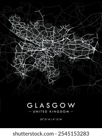 Glasgow vector map in dark theme. Detailed map of Glasgow in United Kingdom. Best free vector illustration. Tourist decorative street map.