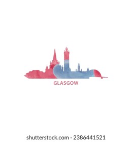 Glasgow watercolor cityscape skyline city panorama vector flat modern logo, icon. UK Scotland town emblem concept with landmarks and building silhouettes. Isolated graphic
