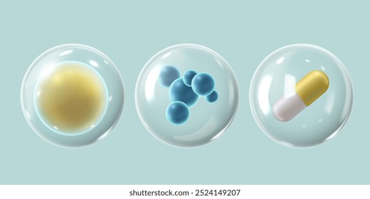 ilustração bola de vidro 3D. Com três esferas: uma célula, um aglomerado de moléculas e uma pílula dentro de bolhas transparentes. Ideal para conjunto de vetores médicos.