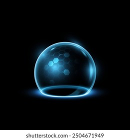 Glass 3D ball on isolated black background. Vector illustration of a transparent glowing spherical shield with a hexagonal pattern. Energy field protection concept.