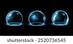 Glass 3D balls on isolated black background. This vector illustration shows a set of glowing spherical shields with various hexagonal patterns. Examples of a protective field.