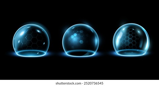 Glass 3D balls on isolated black background. This vector illustration shows a set of glowing spherical shields with various hexagonal patterns. Examples of a protective field.