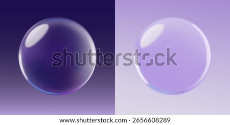 Glass 3d sphere in dark and light purple colors. Soap bubbles gradient backgrounds. Realistic vector illustration.