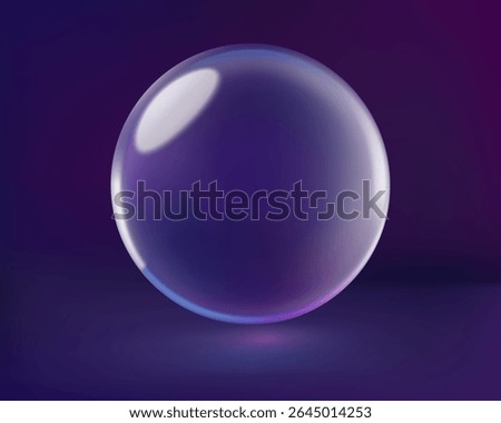 Glass 3d sphere in dark purple colors. Soap bubbles gradient background. Realistic vector illustration.