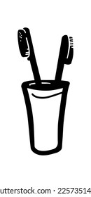 Vidrio con accesorios para cepillar dientes. Almacenamiento de cepillos de dientes usados. Ilustración en blanco y negro para grabado o empotrado. Silhouette de cepillo de dientes. Ilustración de dibujos animados.