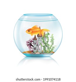 Glass Acrylic Aquarium Round Fish Bowl With Decorative Castle Aquatic Plants Big Goldfish Realistic Composition Vector Illustration