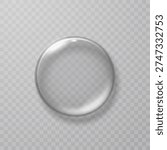 Glass, acrylic or plastic circle badge isolated on transparent backgrounds. Reflection 3d button, glare mirror. Vector glossy round frame