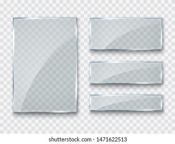 Glass, acrylic or plastic rectangle badges isolated on transparent background. Reflection 3d plates, clear window. Vector glare flat glass frame set.
