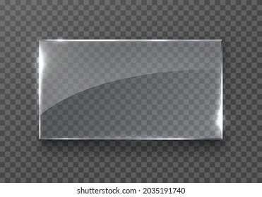 Glass, acrylic or plastic rectangle panel isolated on transparent background. Reflection 3d button, glare mirror. Vector clear glossy wall frame