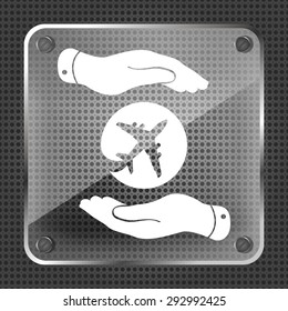 Glass airplane in flat hands icon on a metallic background