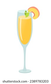 Glass of alcohol cocktail vector illustration. Cartoon summer orange drink with peach isolated on white background. Juice, lemonade. Celebration with toasts and cheering. Party time.