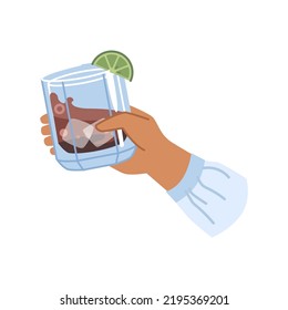 Glass Of Alcohol Drink With Ice Cubes In Hand Isolated Flat Cartoon Vector Illustration. Irish Bourbon Whiskey In Bartender Hand, Rum With Slice Of Lime, Cocktail With Cola And Brandy