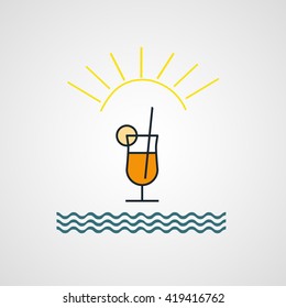 Glass of alcohol drink or juice or cocktail with sun and sea waves sign vector icon