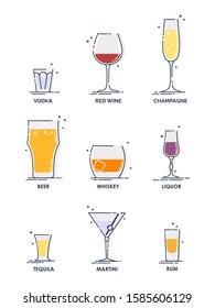 Glass Alcohol. Drink Object. Beverage Icon Set. Line Design. Vodka, Wine, Champagne, Whiskey, Liquor, Beer, Tequila, Rum, Martini. Line Design Illustration Isolated On White Background In Flat Style.
