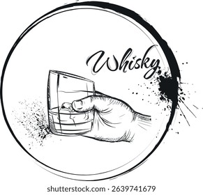 Glass with alcohol in hand, vector illustration in sketch style. Scotch with ice, whiskey, cognac, brandy, party, grunge design, splashes, brush stroke texture