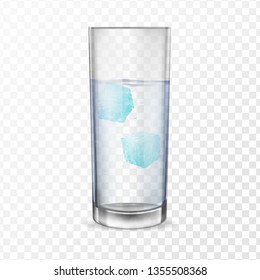 Glass with alcohol or water and two ice cubes. Realistic banners with transparent glasses cup