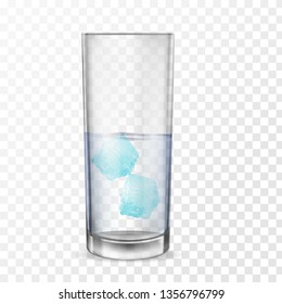 Glass with alcohol or water and two ice cubes. Realistic banners with transparent glasses cup