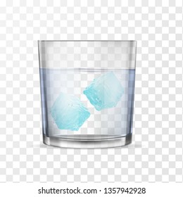 Glass with alcohol or water and two ice cubes. Realistic banners with transparent glasses cup